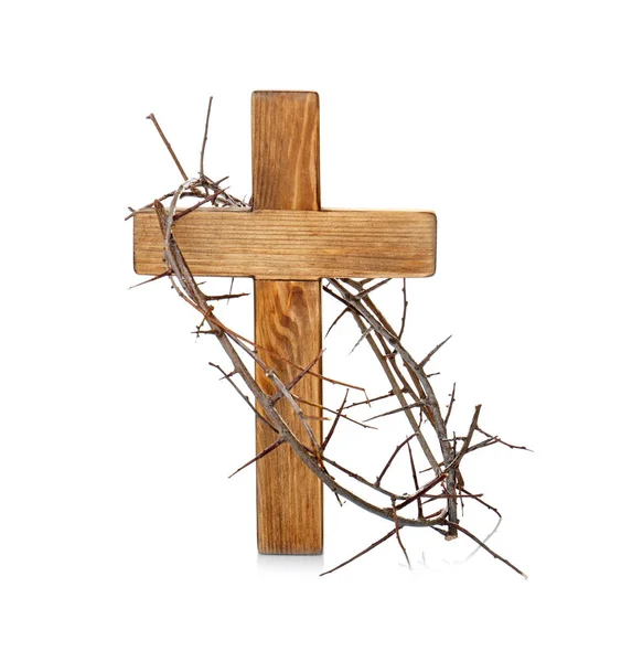 Crown of thorns and wooden cross — Stock Photo, Image