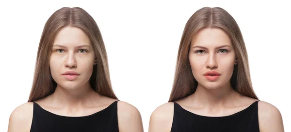 Mujer antes y después de la aplicación de maquillaje — Foto de Stock
