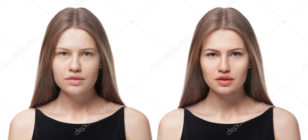 woman before and after makeup application