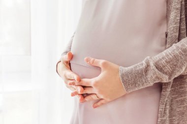 Evde, pencere portre duran güzel hamile kadın