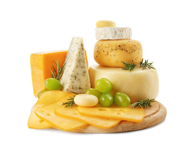 Wooden board with tasty cheese