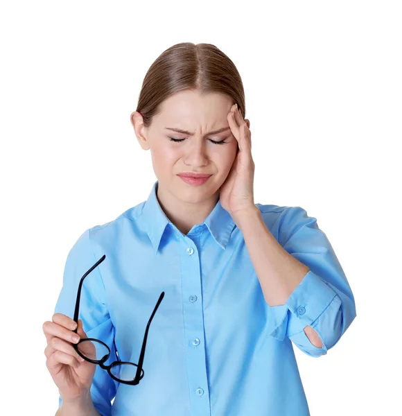 Giovane donna che soffre di mal di testa — Foto Stock