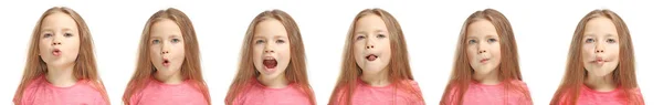 Концепция обучения речи. Маленькая девочка делает упражнения для правильного произношения на белом фоне — стоковое фото