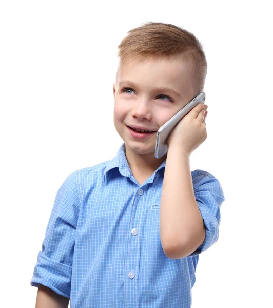 Söt liten pojke talar via telefon — Stockfoto