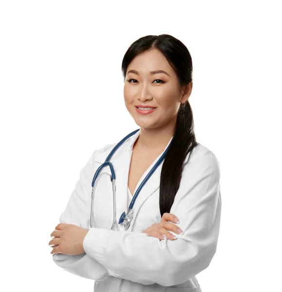 흰색 바탕에 서 여성 의사 — 스톡 사진