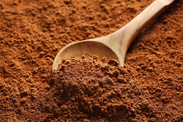 Деревянная ложка на какао-порошке — стоковое фото