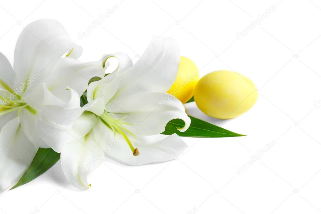 white lilies and Easter eggs