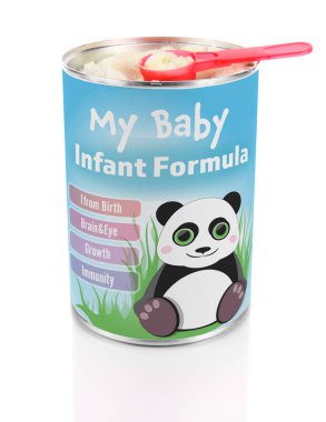 Olabilir ve beyaz arka plan üzerinde toz bebek süt formülü ile Kepçe