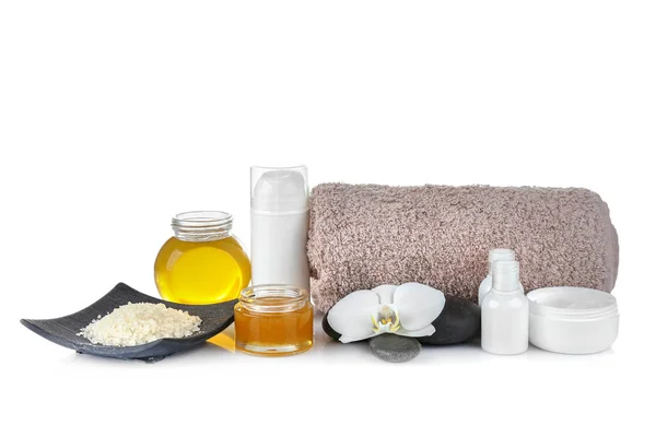 Ajuste de spa con miel y cosméticos nutritivos —  Fotos de Stock