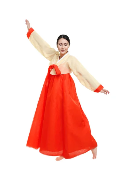 Kobieta w koreański strój tradycyjny taniec — Zdjęcie stockowe