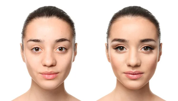 Ung kvinna före och efter makeup ansökan på vit bakgrund — Stockfoto