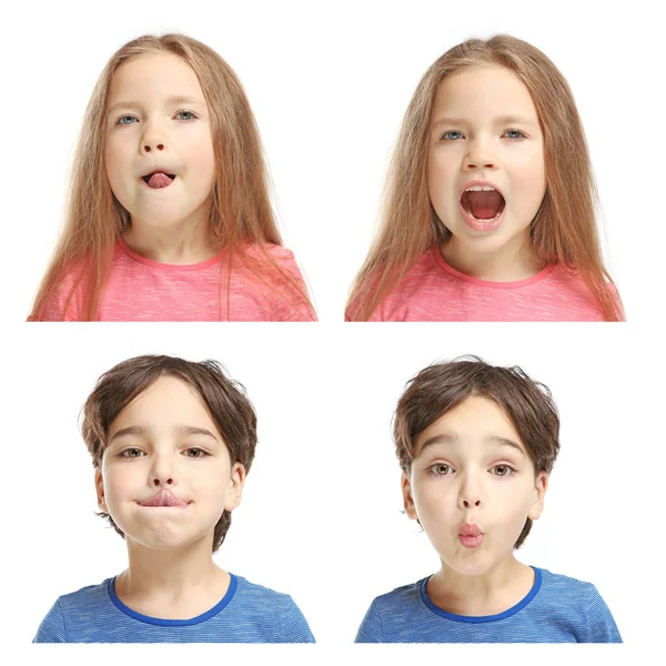 Concepto de entrenamiento del habla. Niños haciendo ejercicios para una pronunciación correcta sobre fondo blanco —  Fotos de Stock