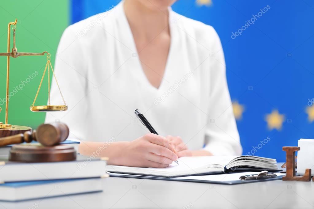 Female judge working with documents 
