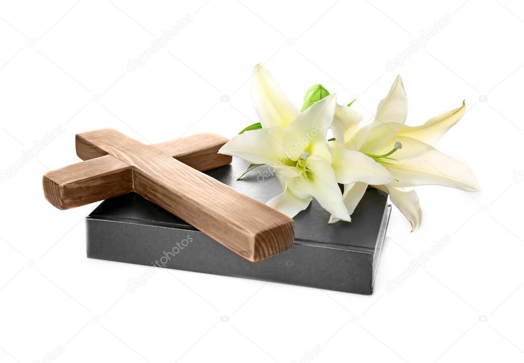 Wooden cross, Holy Bible and lily
