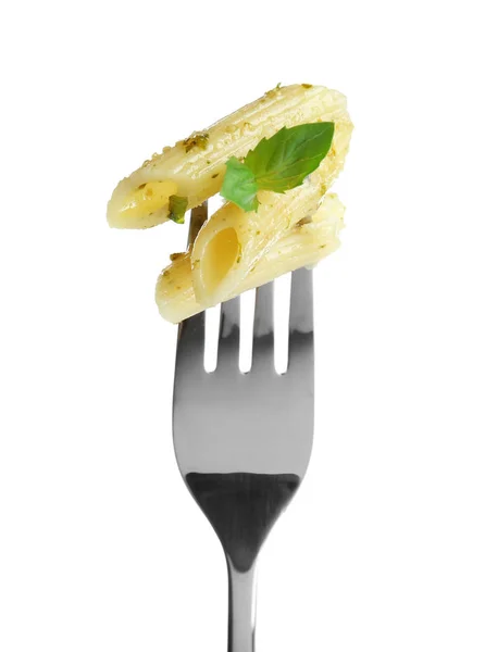 Fork with tasty pasta on white background — Stock Photo, Image