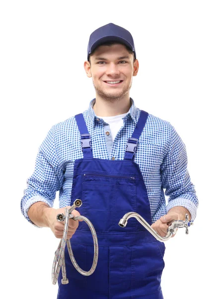 Plumber with flexible hose and tap — Stock Photo, Image