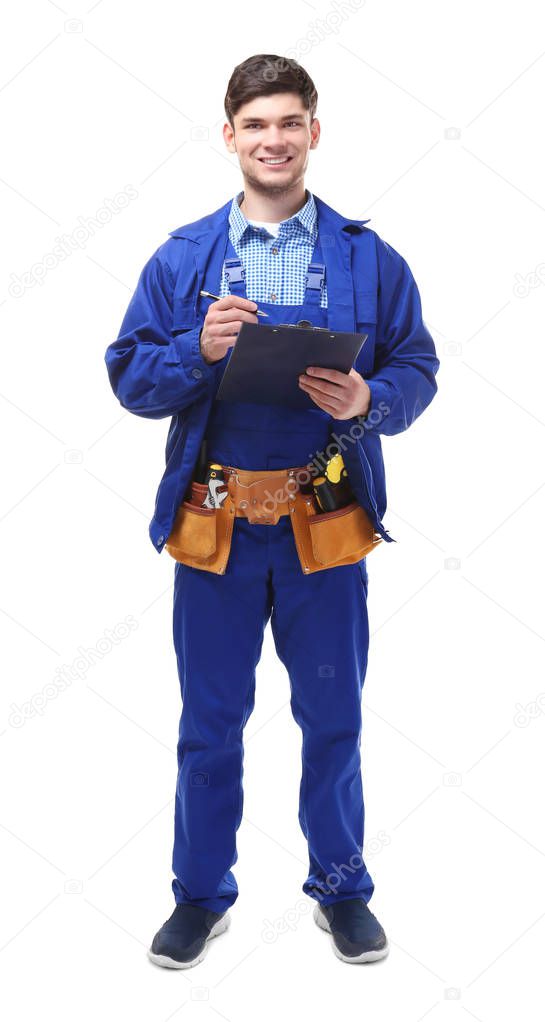 Plumber in uniform holding clipboard