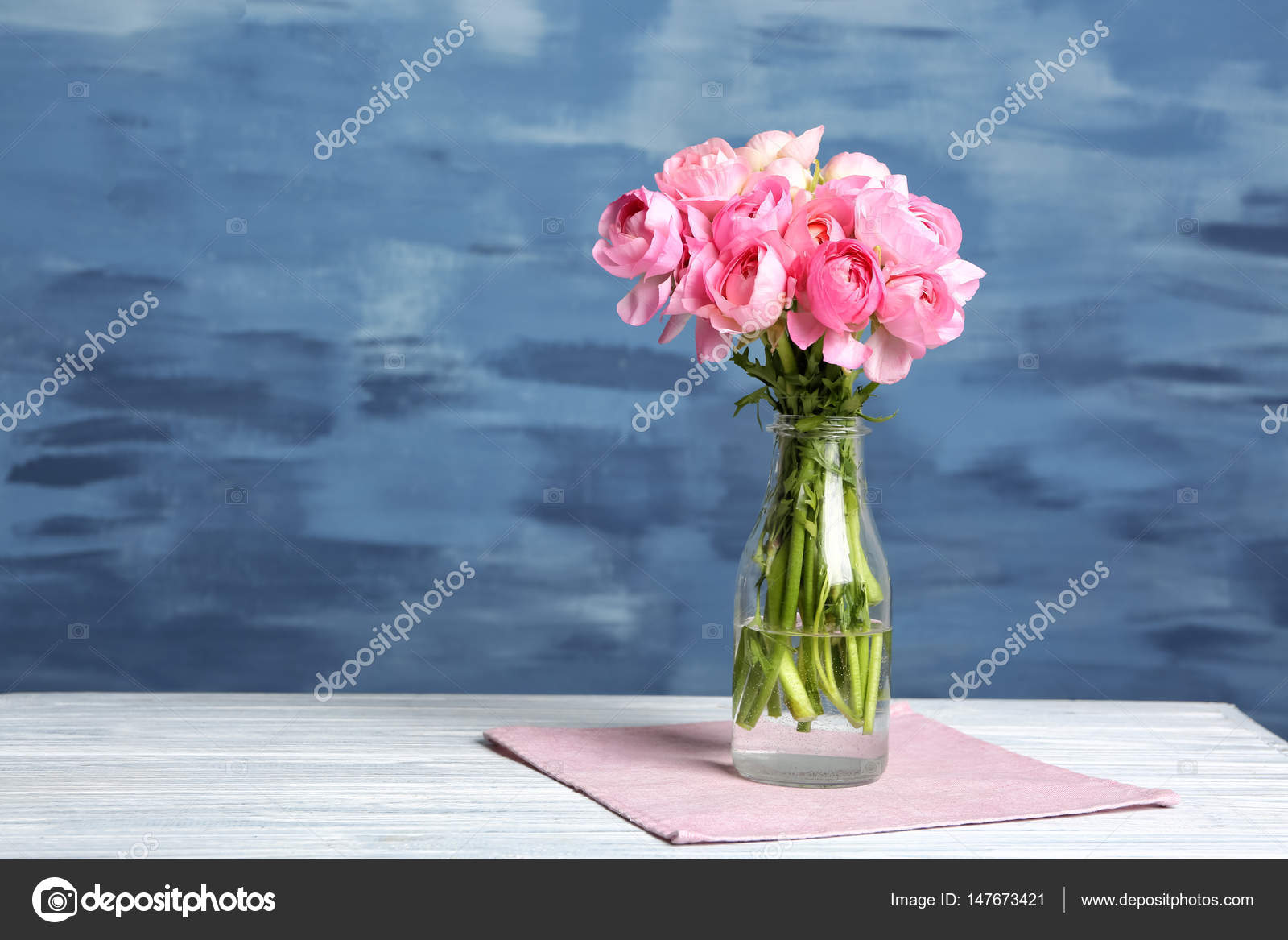 Vase With Bouquet Of Ranunculus Flowers Stock Photo