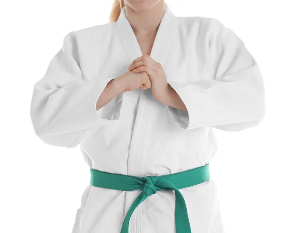 Sportig kvinna i kimono på vit bakgrund, närbild — Stockfoto