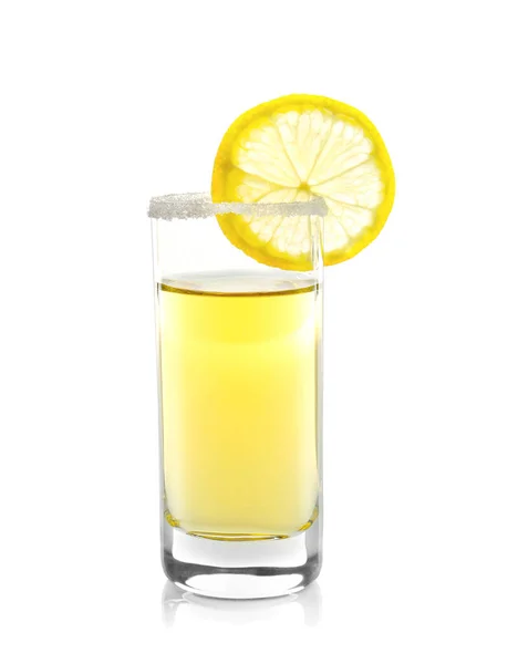 Golden tequila shot with juicy lemon slice and salt on white background — Stock Photo, Image