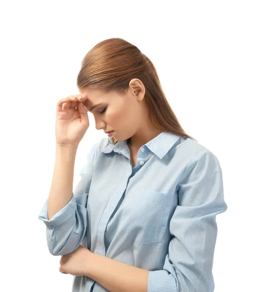 Beautiful young woman suffering from headache on white background — Stock Photo, Image