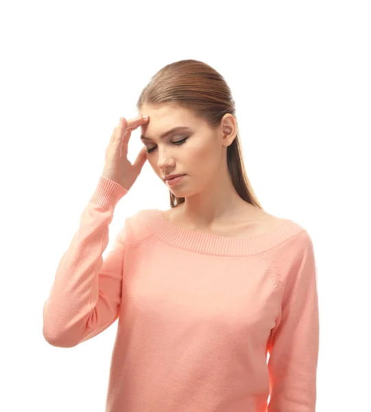 Gyönyörű fiatal nő szenved fejfájás, fehér háttér — Stock Fotó