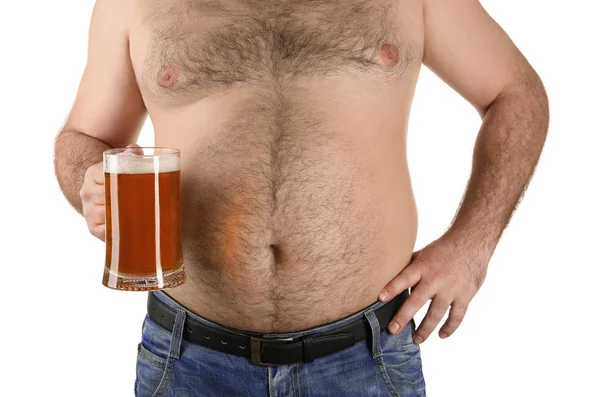 Man with big belly holding glass of beer — Stock Photo, Image