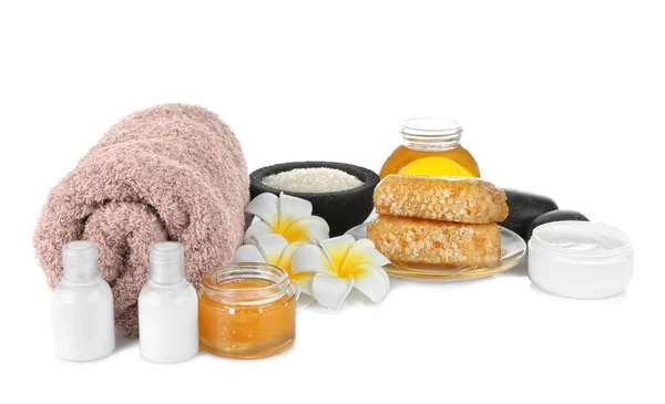 Spa-miljö med näringsämnen kosmetiska och läckra honung — Stockfoto