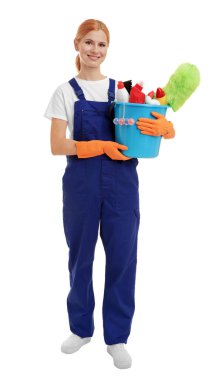 Woman holding bucket with cleaning agents and supplies on white background clipart