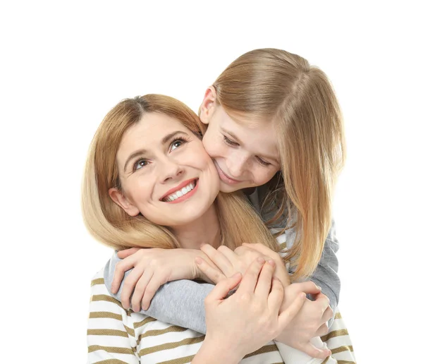 Mãe e filha feliz no fundo branco — Fotografia de Stock