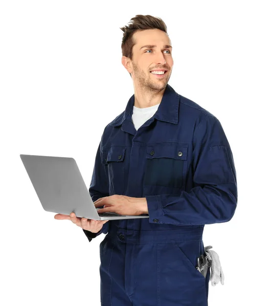 Przystojny mechanik z laptopem — Zdjęcie stockowe