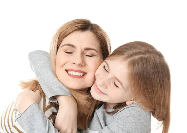 Mère et fille heureuses sur fond blanc — Photo