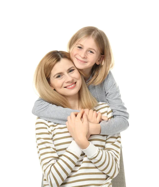 Mãe e filha feliz no fundo branco — Fotografia de Stock