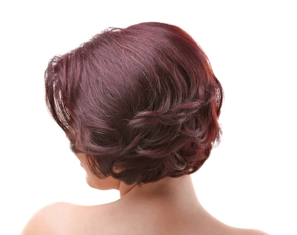 Young woman with beautiful haircut on white background Stock Photo