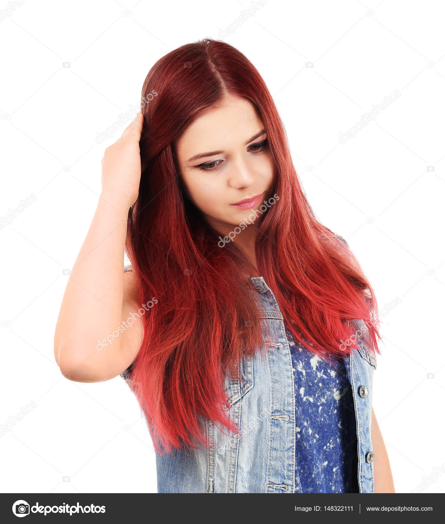 Beautiful Young Woman With Dyed Hair On White Background Stock