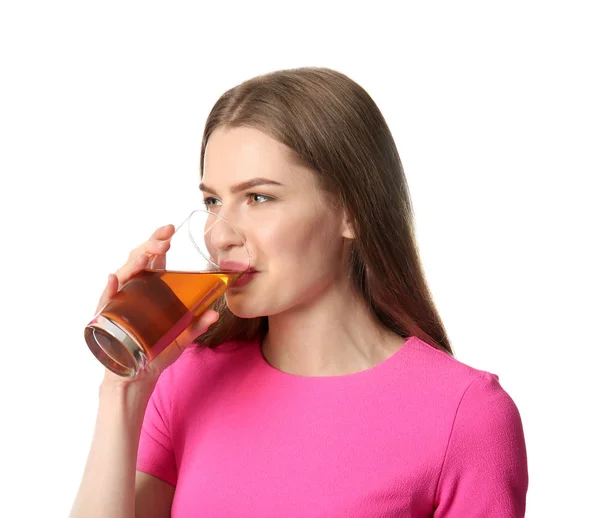 Young woman with glass of juice — Stock Photo, Image