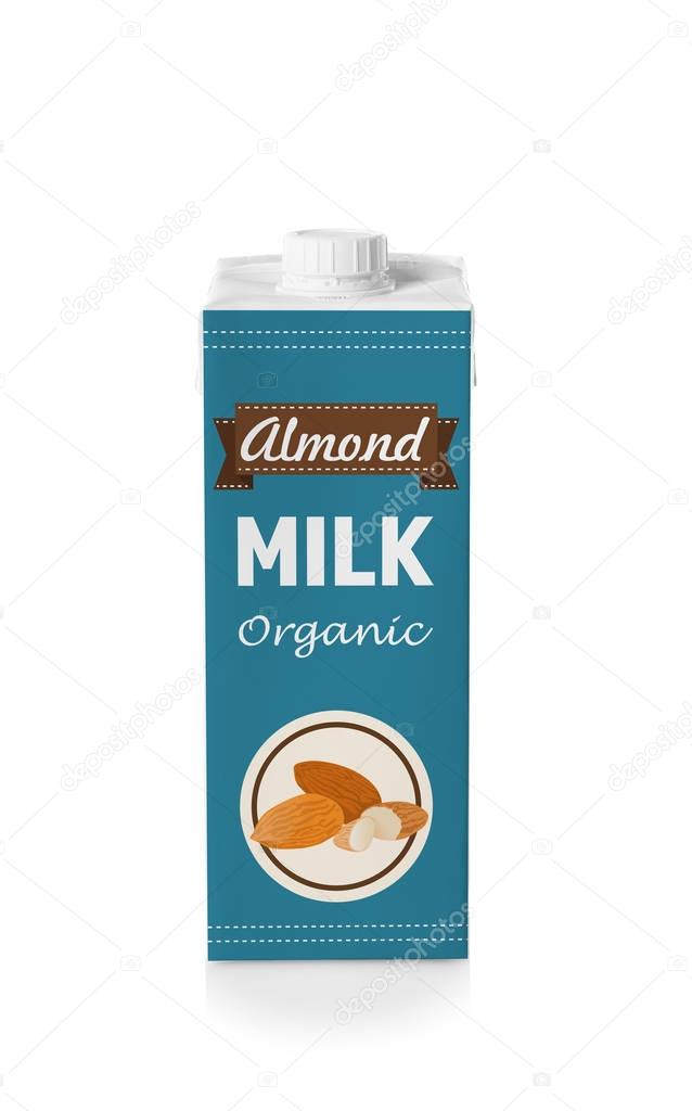 Pack of almond milk on white background
