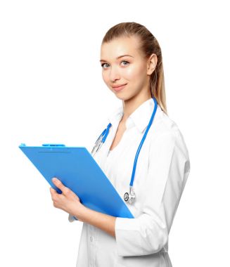 Diyet kavramı. Beyaz arka planda pano ile kadın beslenme uzmanı