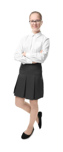 Carino ragazza in uniforme scolastica su sfondo bianco — Foto Stock