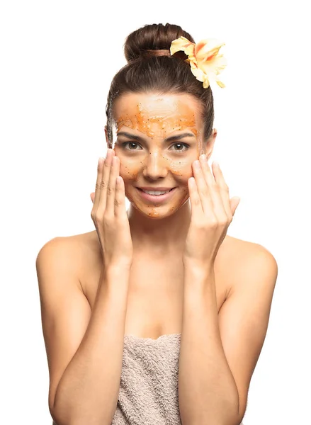 Woman with scrub mask on face — Stock Photo, Image