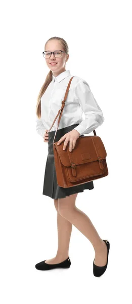 Menina bonito no uniforme da escola no fundo branco — Fotografia de Stock