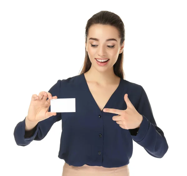 Beautiful young woman with business card — Stock Photo, Image