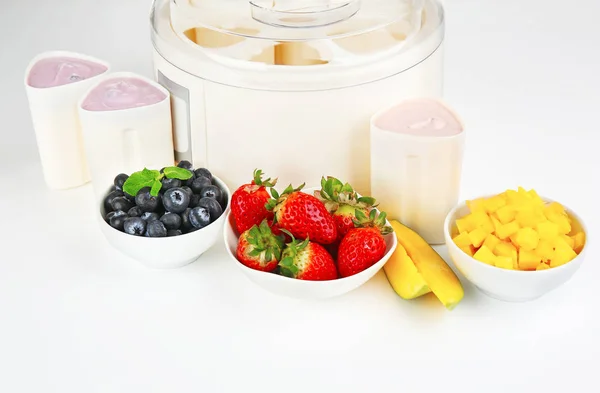 Nowoczesne jogurtownicy i składniki — Zdjęcie stockowe