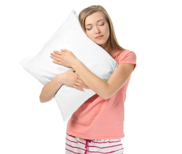 Young sleepy woman with pillow — Stock Photo, Image