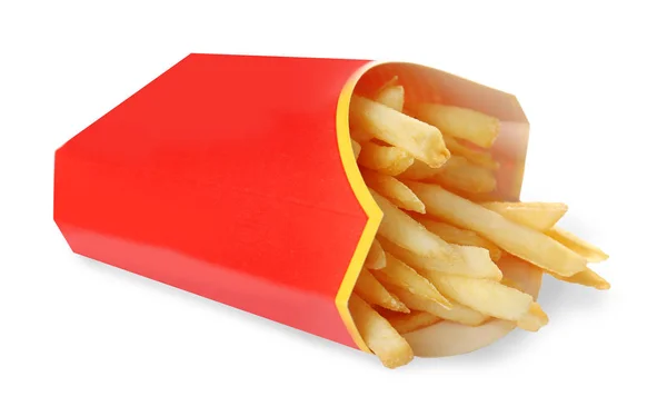 Caixa de papelão com deliciosas batatas fritas — Fotografia de Stock