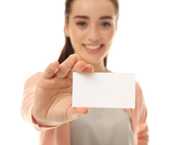 Jeune femme avec carte de visite — Photo