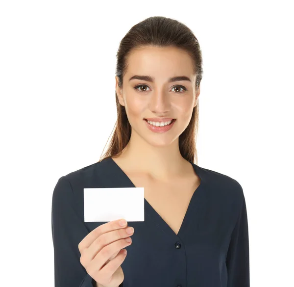 비즈니스 카드와 아름 다운 젊은 여자 — 스톡 사진