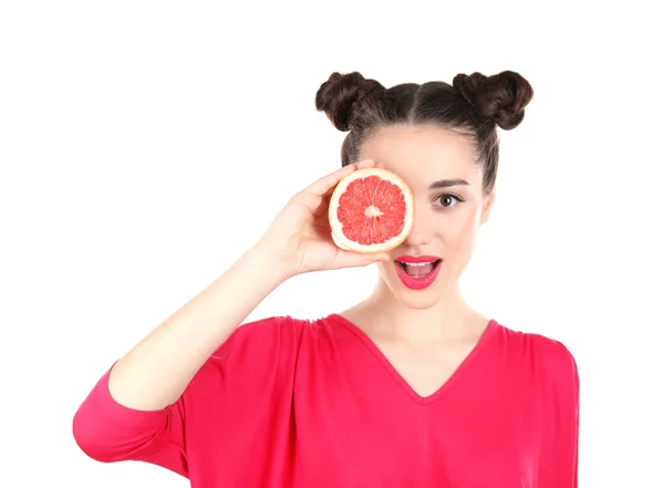 Beautiful young woman with grapefruit — Stock Photo, Image