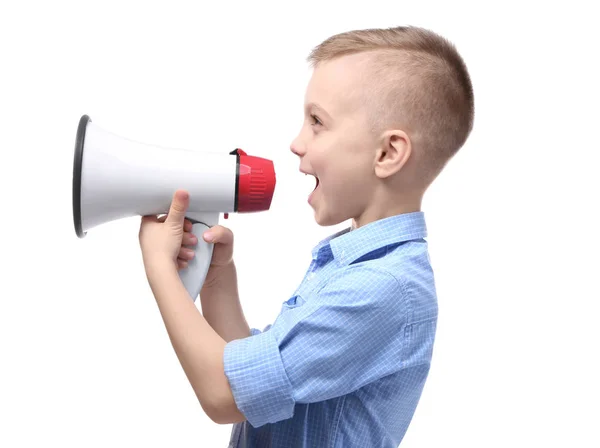 Menino bonito com megafone — Fotografia de Stock