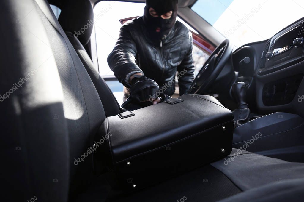 Thief stealing handbag from car